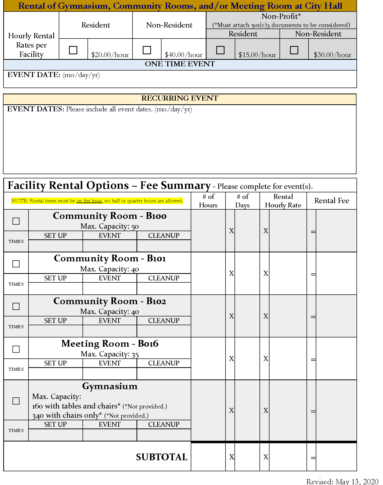 City Hall Rental Pricing Information